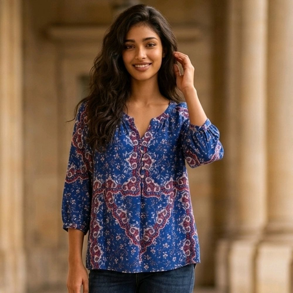 Figueroa & Flower Blue Paisley Blouse Large Boho V-Neck Flowy Top